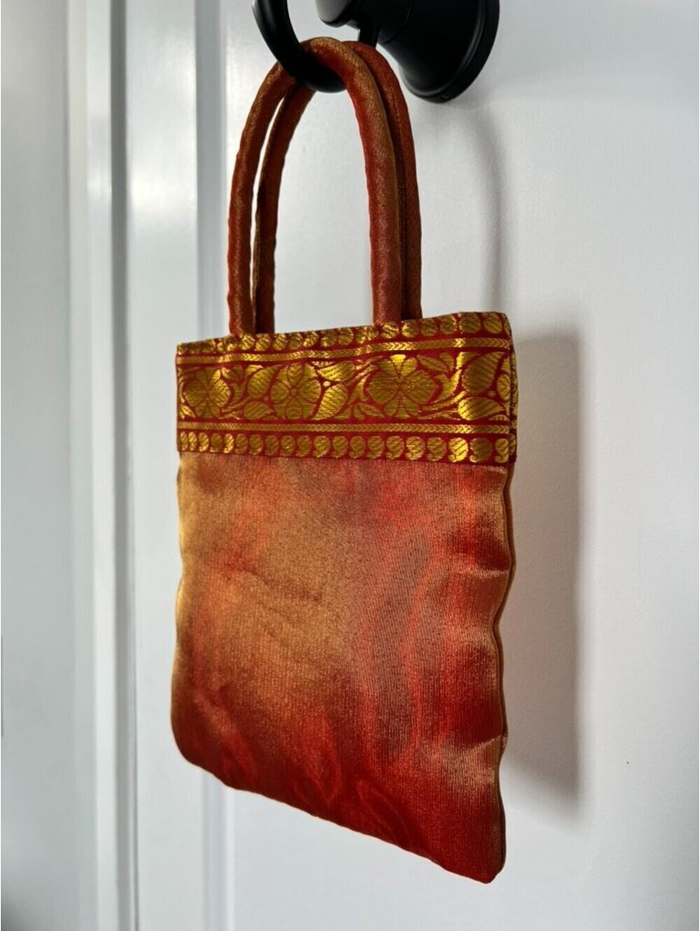 Binny Made in India Metallic Orange Mini Tote Bag Gold Trim w/ Coin Purse